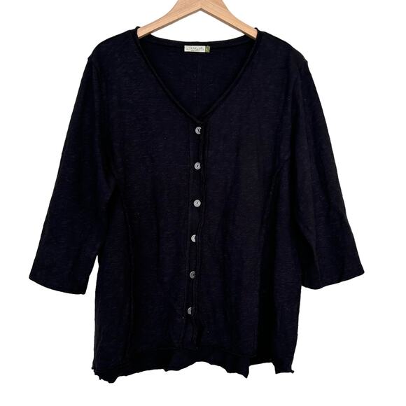 Chalet Black Button Front 3/4 Sleeve Top Sz L - Picture 1 of 5